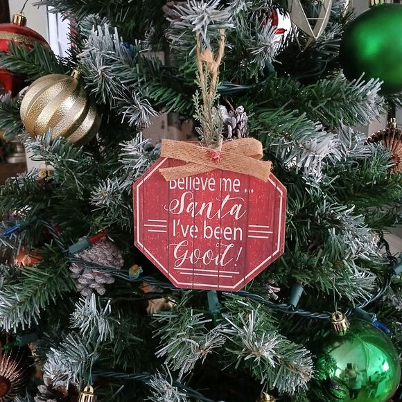 Set of 2-Wood Christmas Ornaments Round & Stop Sign Holiday Tree Decorations - Picture 3 of 6